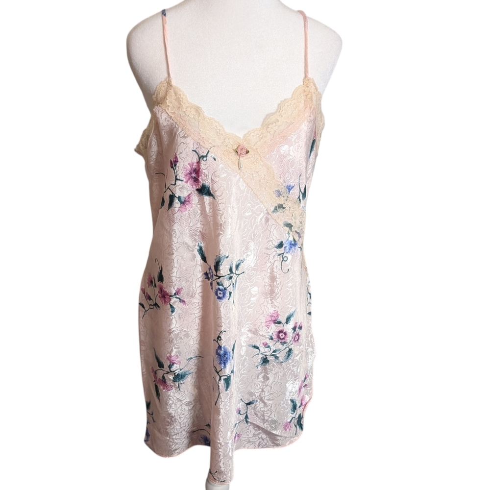 Vintage Angelique Soft Pink Floral Satin Lace Slip‎ Nighty Gown Lingerie Medium